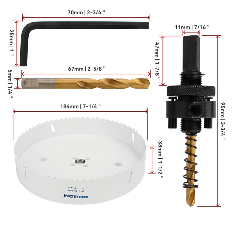 Mollom (184mm | 7-1/4") HSS M42 with 8% Cobalt BI-Metal Hole Saw with 2 Pilot Drill Bits & Arbor Smooth Cutting for PVC,Drywall,Wood,Plastic,Gypsum Board,Rubber - Image 2